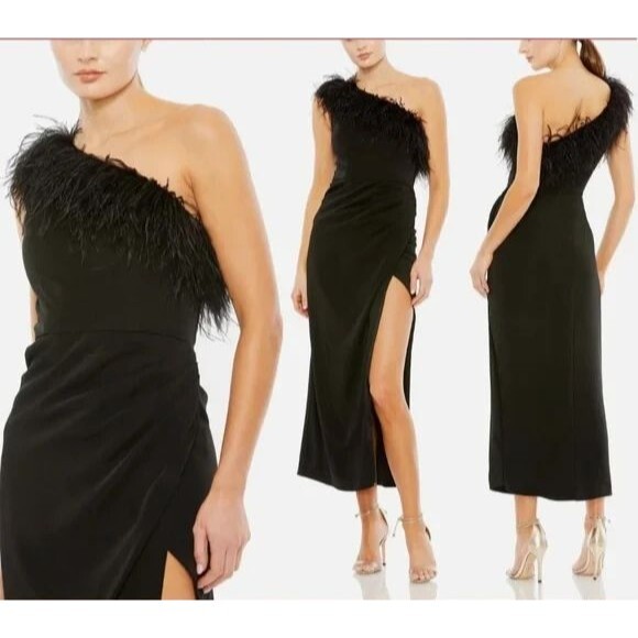 MAC DUGGAL ONE SHOULDER FUR ACCENT MIDI DRESS BLACK SZ 10 NWT - Picture 1 of 8
